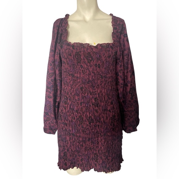 Free People Floral-print Smock It to Me Balloon-sleeve Mini Dress SZ LARGE - Picture 3 of 5